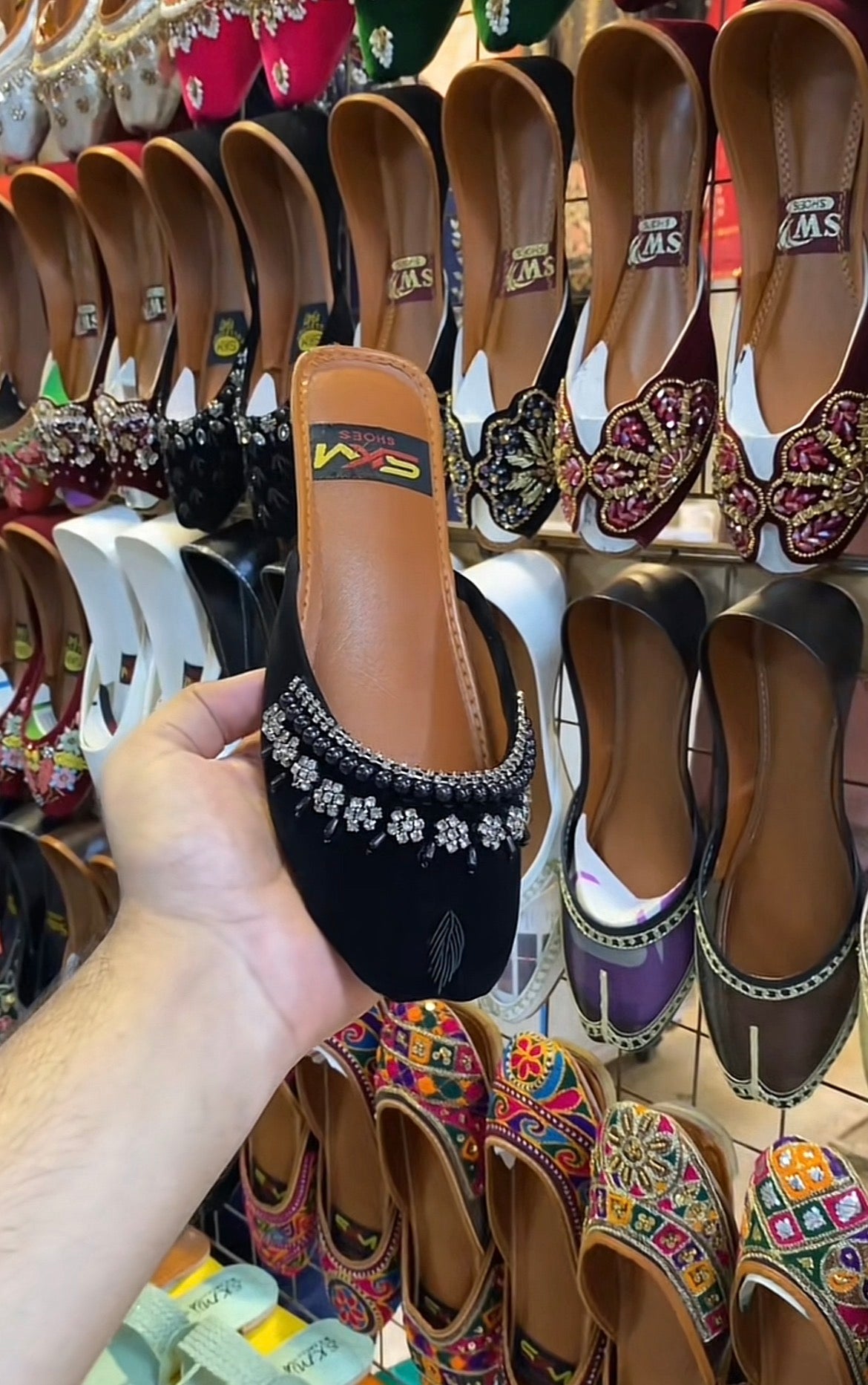 Royal Black Medicated Backless Khussa with Crystals