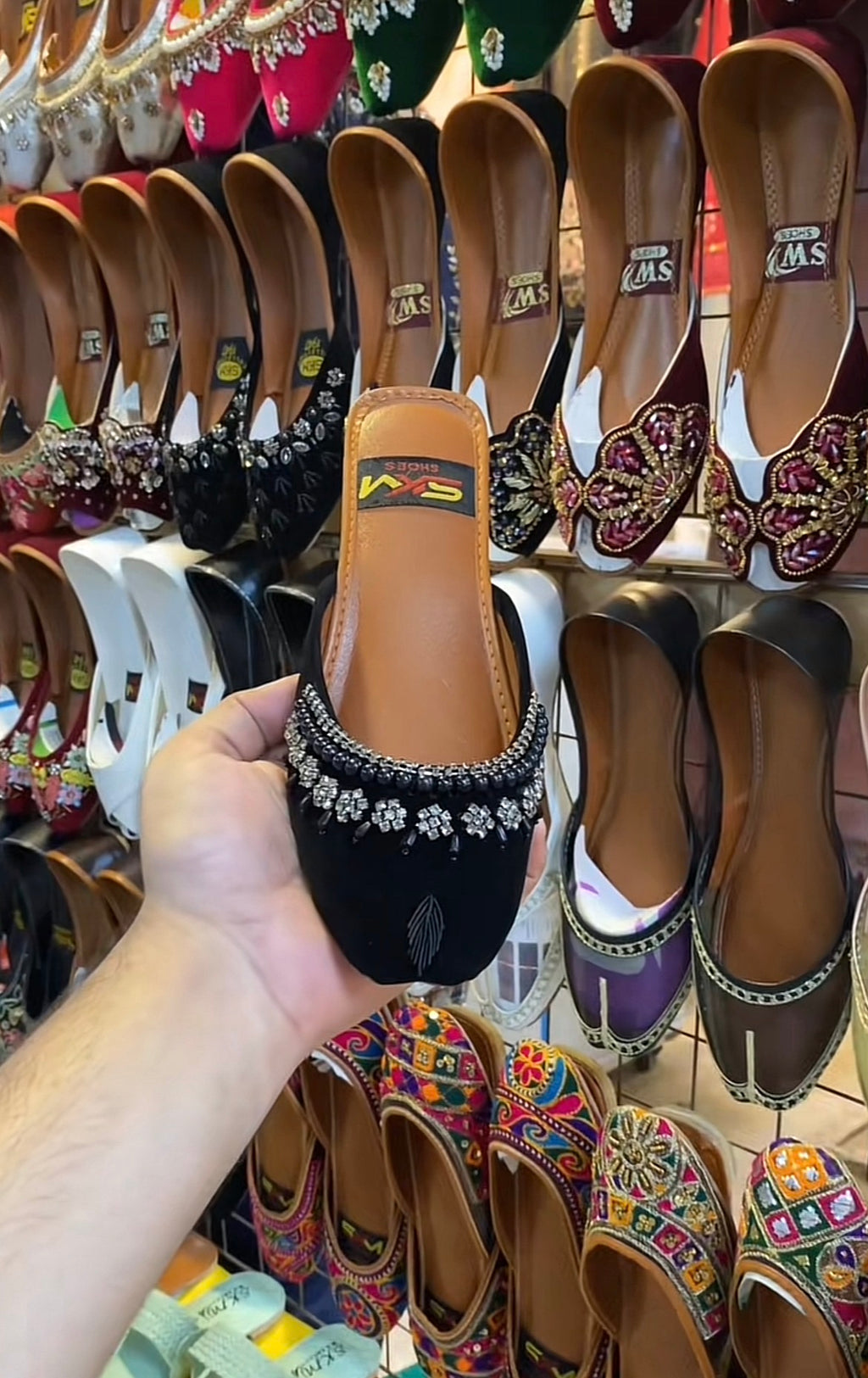 Royal Black Medicated Backless Khussa with Crystals